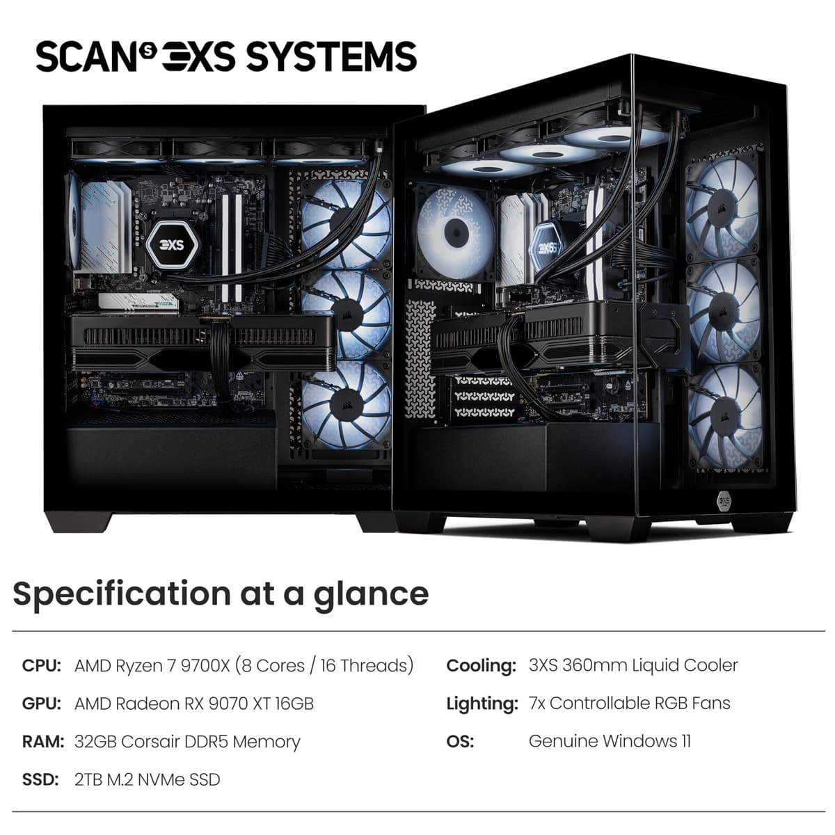 3XS Gaming PC | Vindicta RX 9070 XT | AMD Ryzen 7 9800X3D | 32GB DDR5 6000MHz RAM | 2TB NVMe M.2 SSD | WiFi | 850W PSU | 360mm Liquid Cooler | AI Ready | Windows 11 — view 2