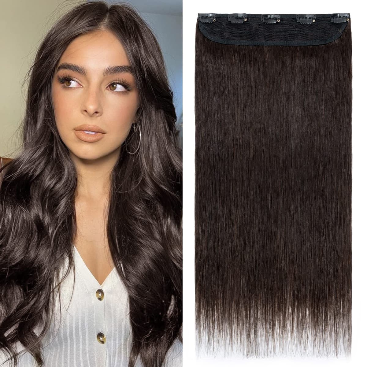 Extensiones de Cabello Natural Clip in Extensions Una Pieza 5 Clips Pelo Humano Liso Remy Hair Grueso 3/4 Cabeza Completa Postizos Pelucas Cortas 30cm(70g) #2 Marrón Oscuro
