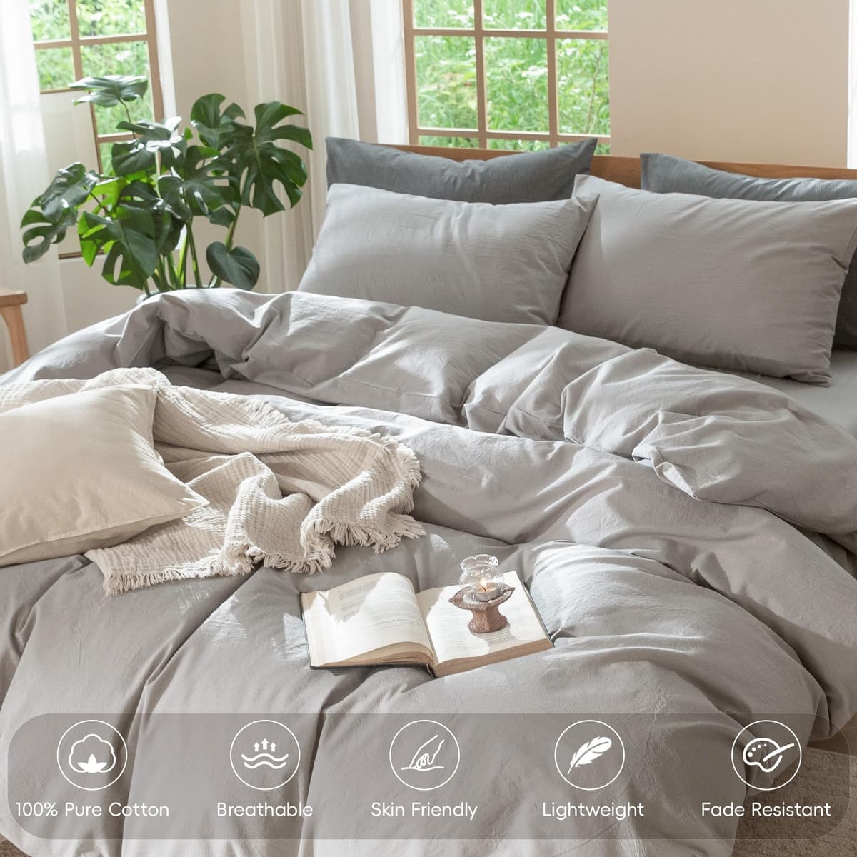 MooMee Bedding Duvet Cover Set 100% Washed Cotton Linen Like Textured Breathable Durable Soft Comfy (Tannish Linen Grey, King) — view 219