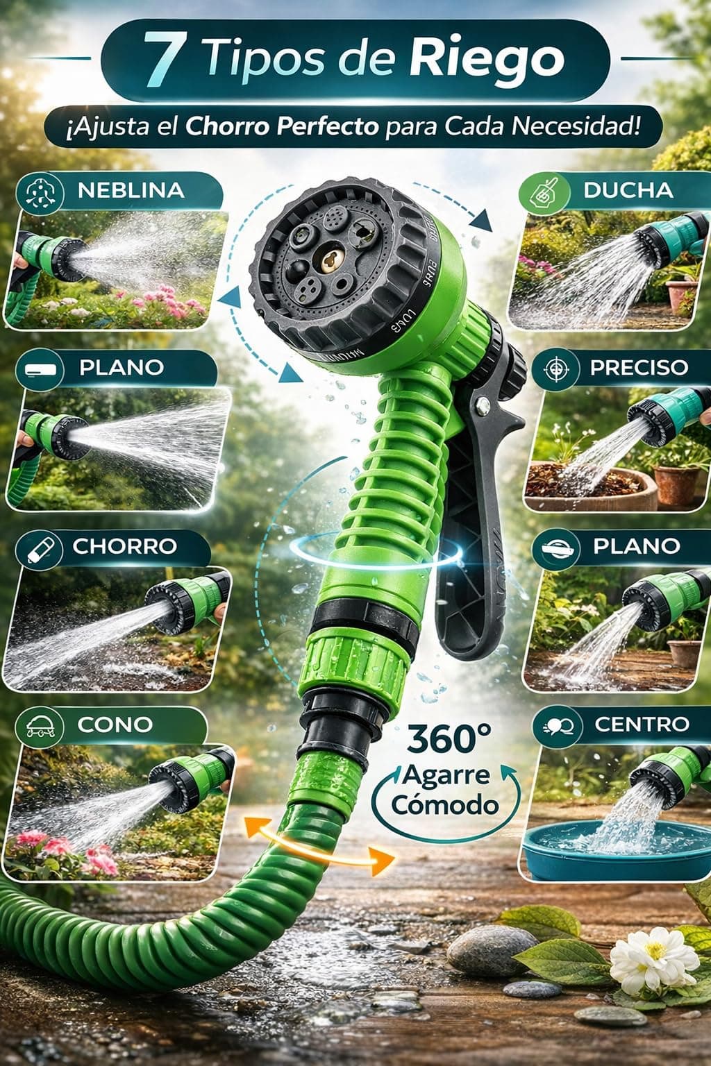 Manguera Extensible Jardín 10m con Pistola 7 Modos – Antienredos, Ligera y Compacta – Conectores Anti-Fugas – Ideal para Terraza, Balcón, Patio y Lavado de Coche — view 2