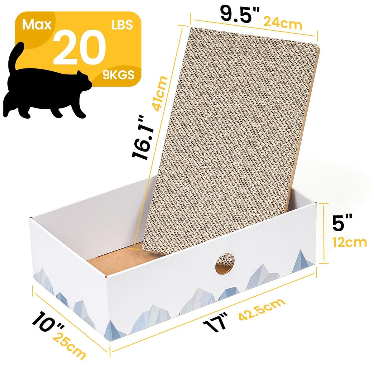 Conlun Rascador para Gatos con Caja, Rascador Gato Grande y Resistente, Doble Cara, Agujeros Interactivos, Zona de Descanso Antisuciedad para Interior (2 Unidad, Grande, Blanco) — view 4