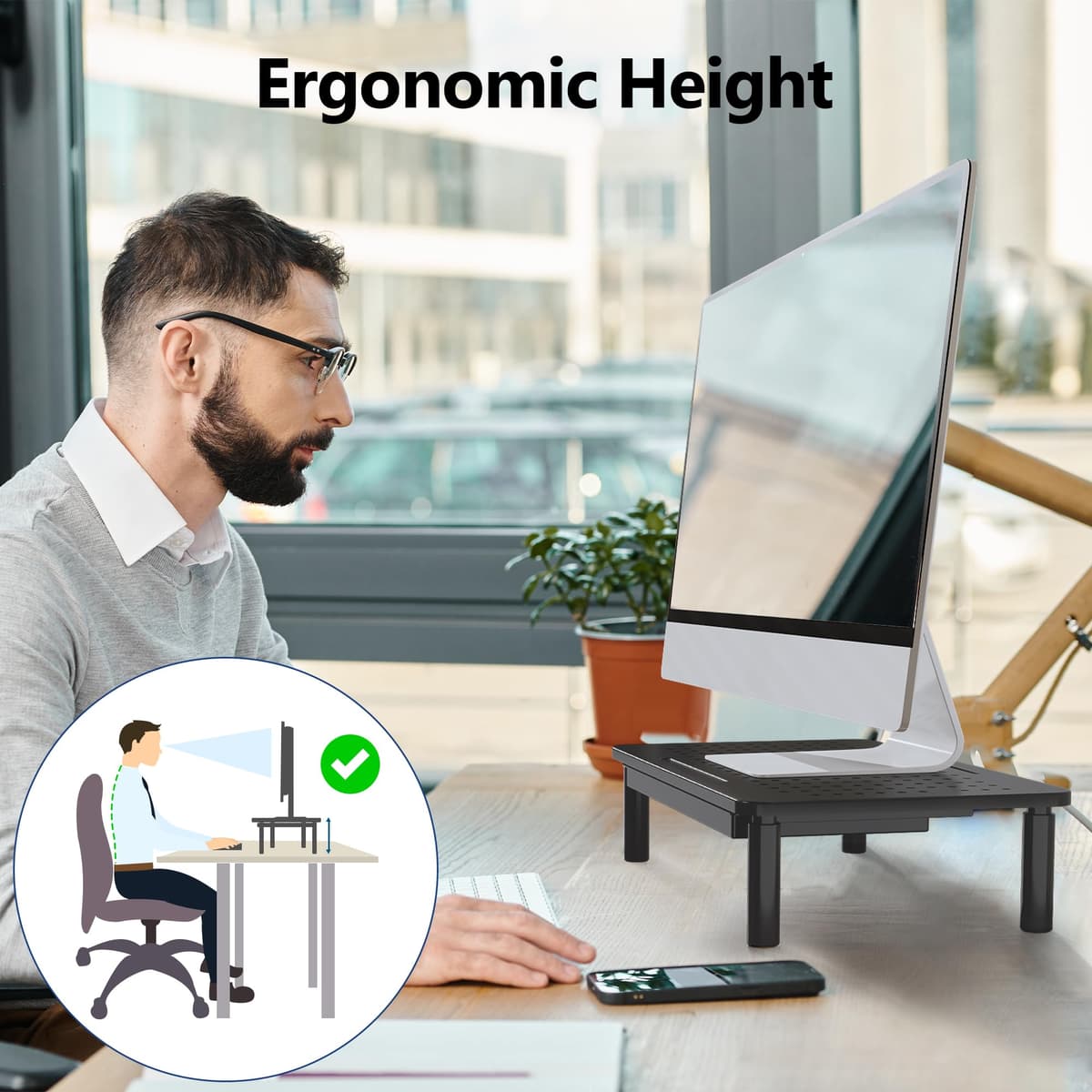 BONTEC Monitor Stand with Drawer, 3 Height Adjustable Monitor Riser for Desk, Mesh Platform for Laptop, Computer, iMac, Printer up to 20KG, Desk Organizer with Cable Ties Included — view 2