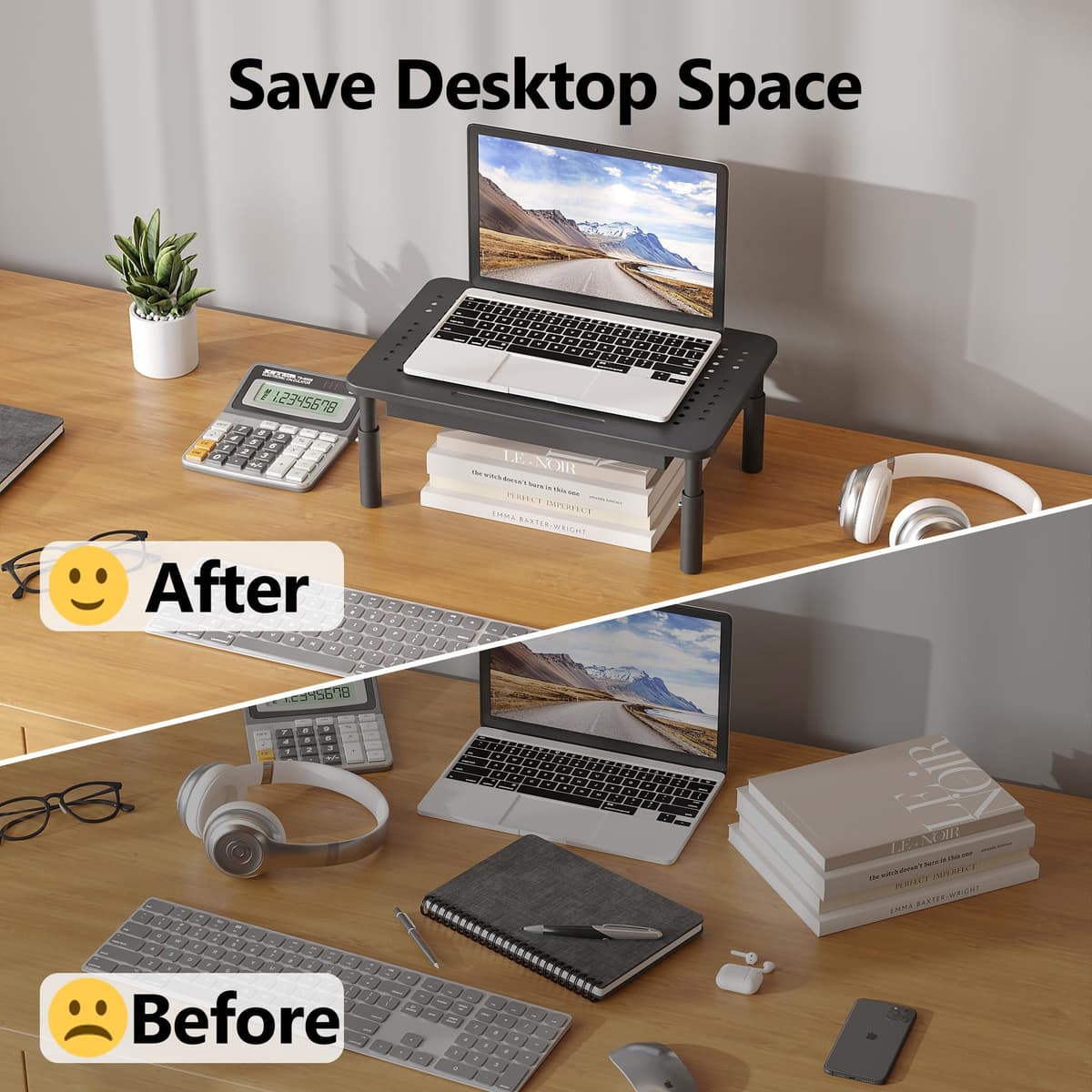 BONTEC Monitor Stand with Drawer, 3 Height Adjustable Monitor Riser for Desk, Mesh Platform for Laptop, Computer, iMac, Printer up to 20KG, Desk Organizer with Cable Ties Included — view 3