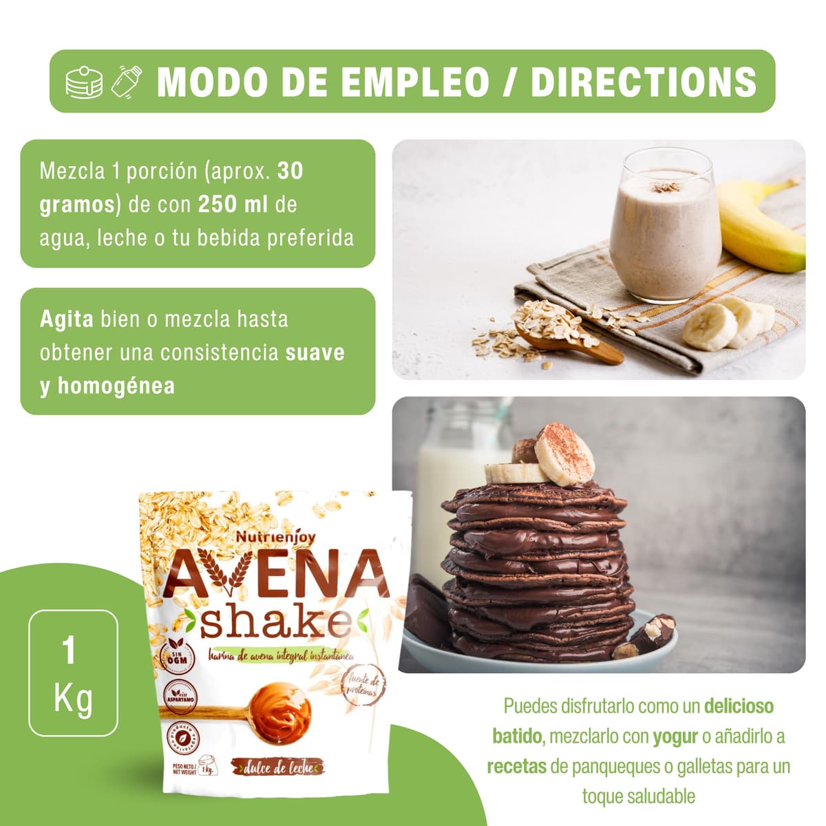 NutriEnjoy - Avena Shake 1Kg | Copos de Avena Integral Molidos | Harina de Avena Sabores | Avena en Polvo | Harina de Avena Integral | Avena Instantánea Sabores Deliciosos (Dulce de Leche) — view 3