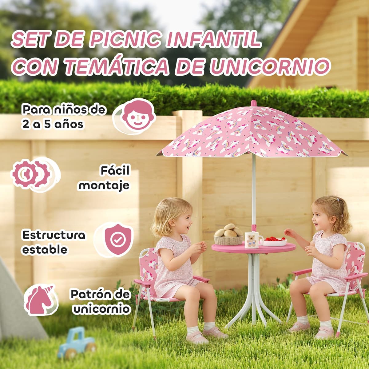 AIYAPLAY Conjunto de Mesa y Sillas Infantil de Jardín de 4 Piezas, Mesa Infantil con Sillas Plegables, Sombrilla Desmontable, Diseño de Unicornios y Arcoíris, para Patio, Pícnic, Rosa — view 3