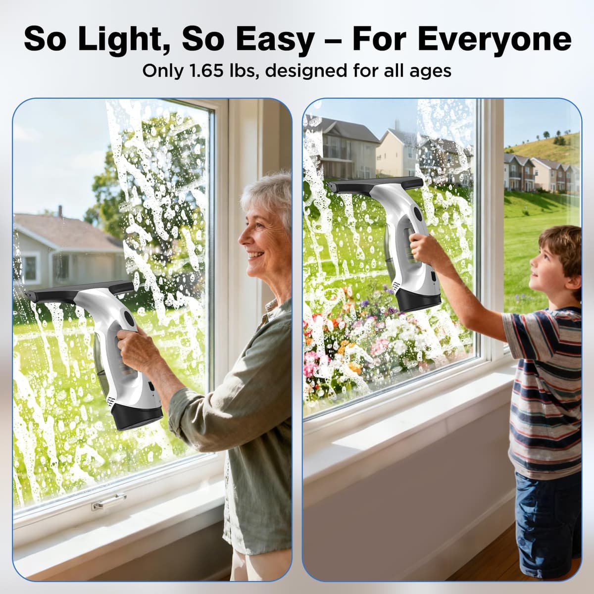 Window Vacuum Squeegee Cordless, 2000Pa Electric Window Cleaner Tool with 2200mAh & 150ml Water Collection Tank, Cleaning Kit Shower Squeegee for Glass Doors, Tiles, Mirrors, Car (White) — view 6
