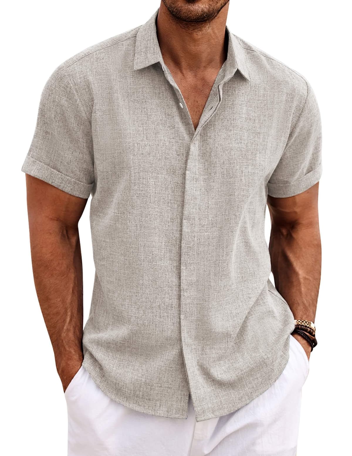 COOFANDY Men's Linen Shirts Short Sleeve Casual Shirts Button Down Shirt for Men Beach Summer Wedding Shirt — view 13