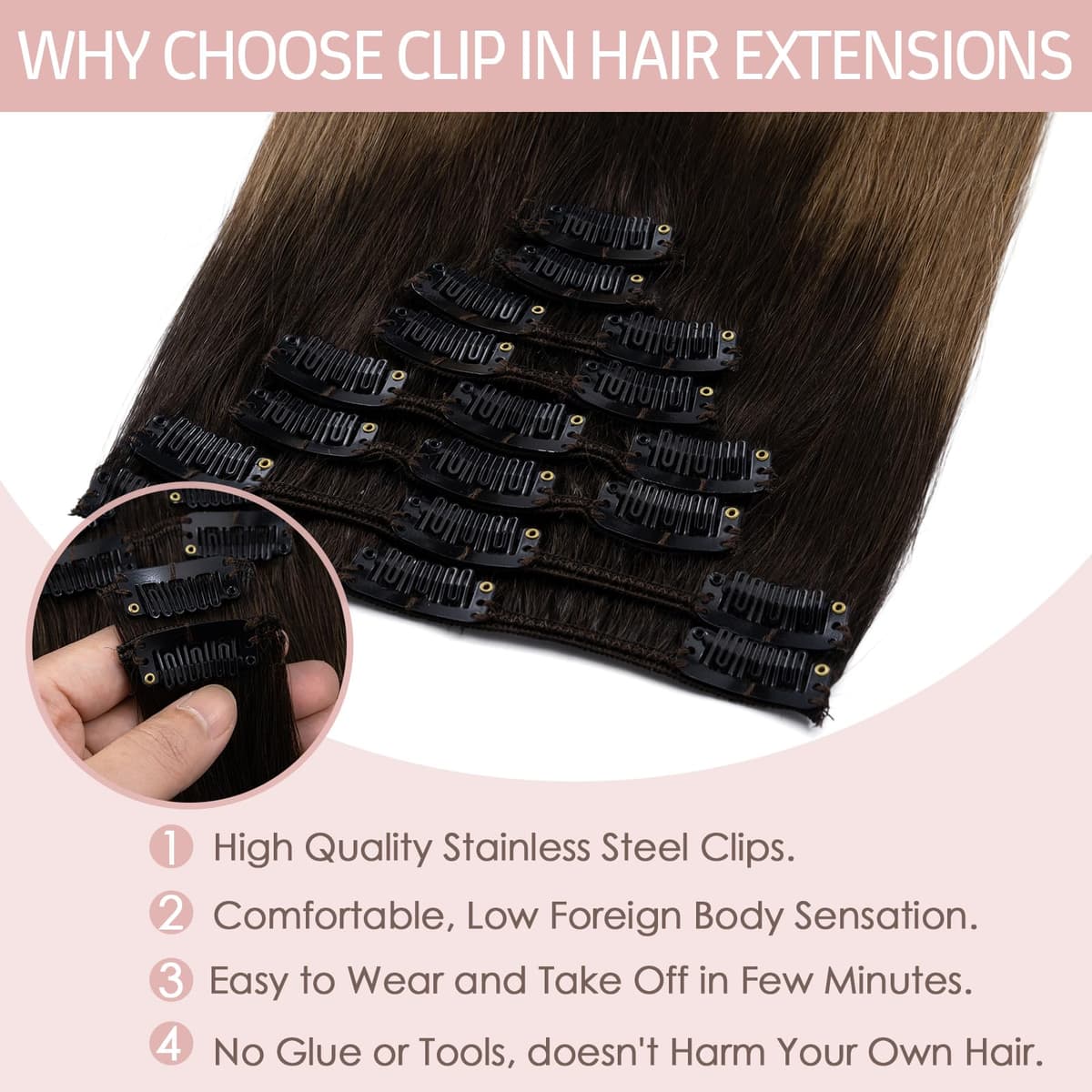 Silk-co 10inch Hair Extensions Clip in Hair Extension Human Hair #04 Medium Brown -Basic Thickness-Thin Weft- 8 Pieces Real Remy Straight Hair Extensions[50g] — view 48
