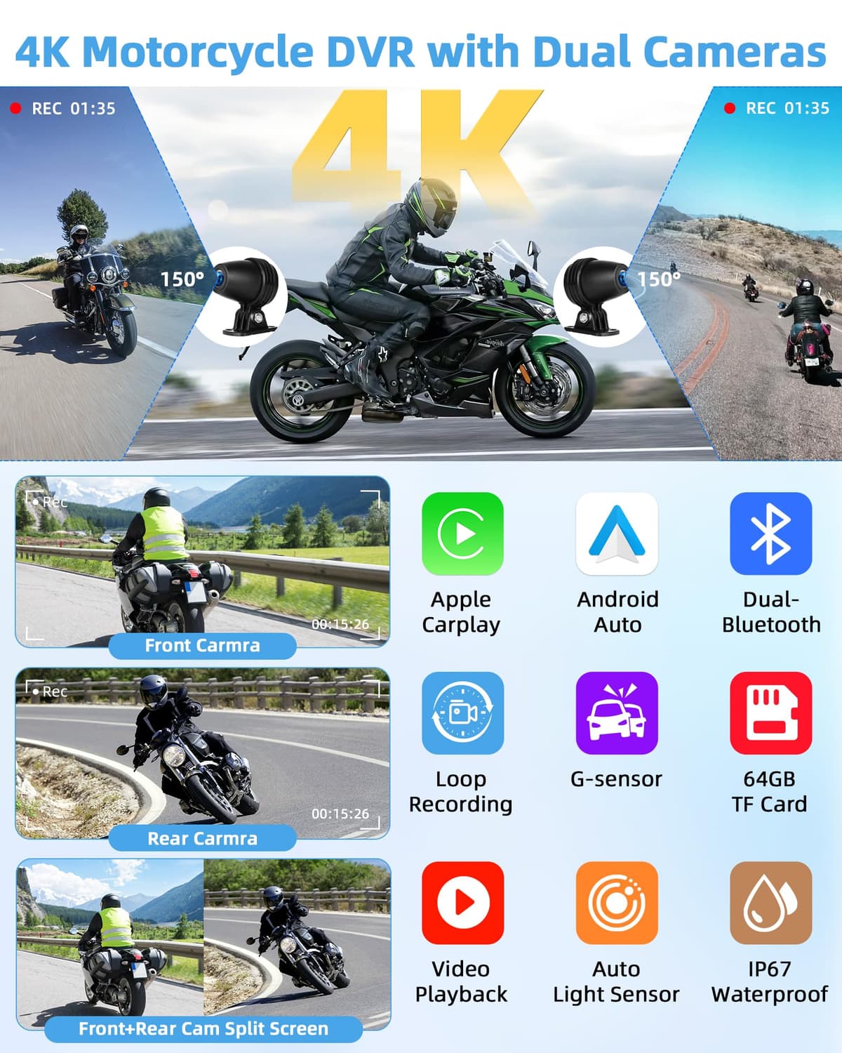 4K Carplay Moto Android Auto 6.25 Pulgadas Pantalla TáCtil con Dashcam Delantera Trasera, Navegador GPS Moto Conectar y Usar IP67 Impermeable Doble Bluetooth Siri/Goo.gle Assistant — view 3
