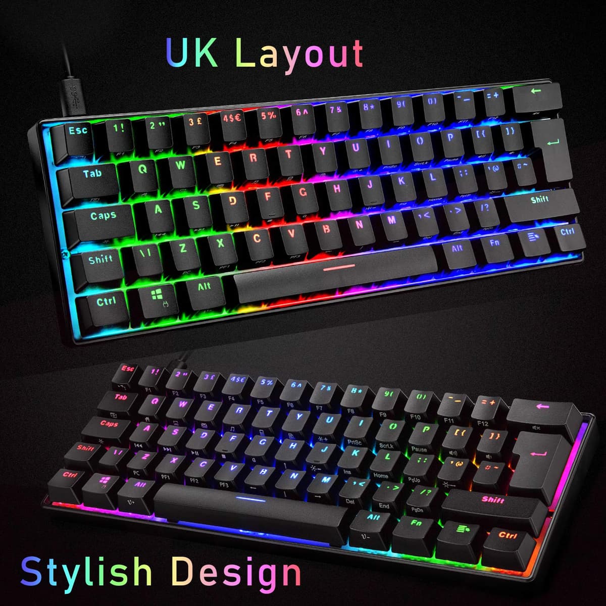 UrChoiceLtd UK61 60% Teclado mecánico para Juegos Tipo C Cableado 61 Teclas Retroiluminación LED Teclado Impermeable USB Retroiluminación RGB Teclas Anti-Fantasma para computadora/PC/Laptop/Mac — view 2