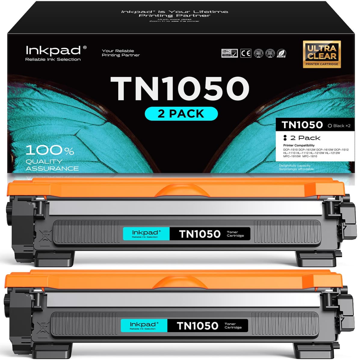 iNKPAD TN1050 TN-1050 Toner Compatible para Brother TN1050 para Brother HL-1210W DCP-1610W HL-1212W DCP-1612W HL-1110 DCP-1510 HL-1112 DCP-1512 MFC-1910W MFC-1810 Impresora (2 Negro)