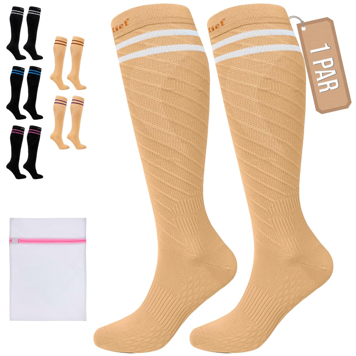 360 Relief Medias de Compresión Mujer y Hombre - 1 Par Calcetines de Compresión para Deportes, Correr, Volar, Viaje, Trabajo, Footing - S/M Beis con Bolsa de Malla — view 62