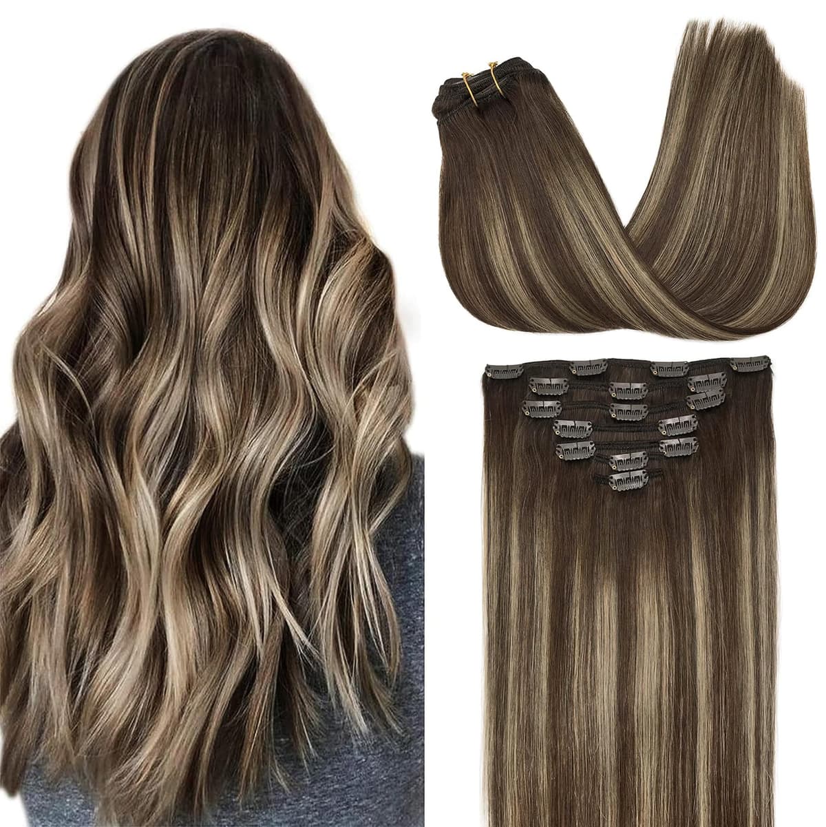 GOO GOO Clip in Hair Extensions Human Hair, 18inch 150g 9Pcs, #2 Dark Brown, Hair extensions for women, Human Hair Extensions Clip in — view 258