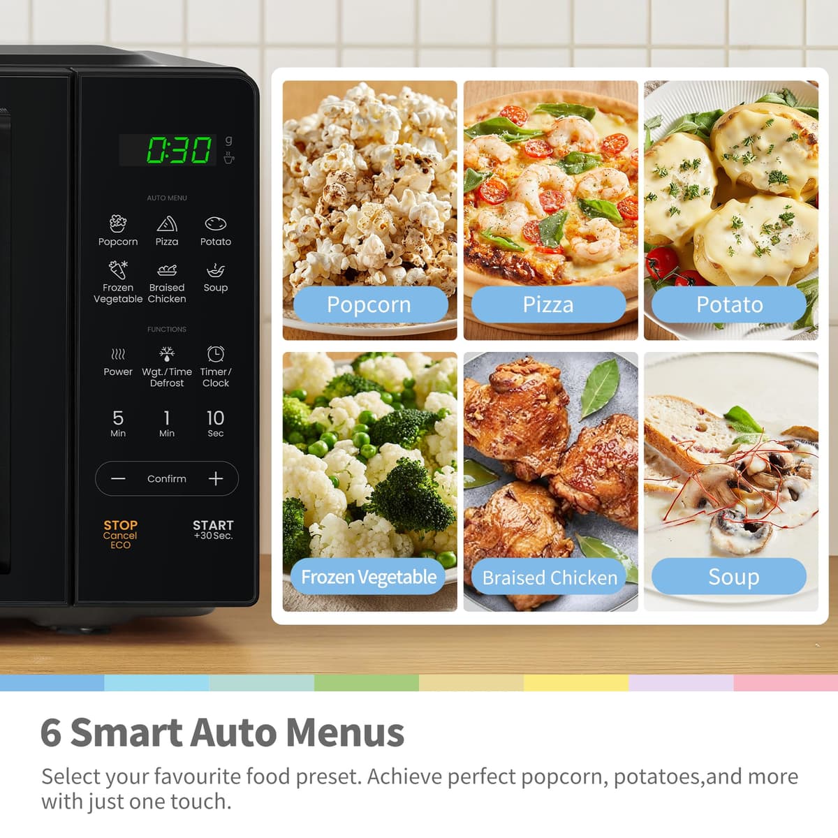 COMFEE' 20L Digital Microwave Oven, 700W Compact Countertop Microwave with Inverter, 6 Auto Menus, Multi-Stage Cooking, ECO Mode, Express Cook, Black - CMO-EM202NF(BK) — view 4
