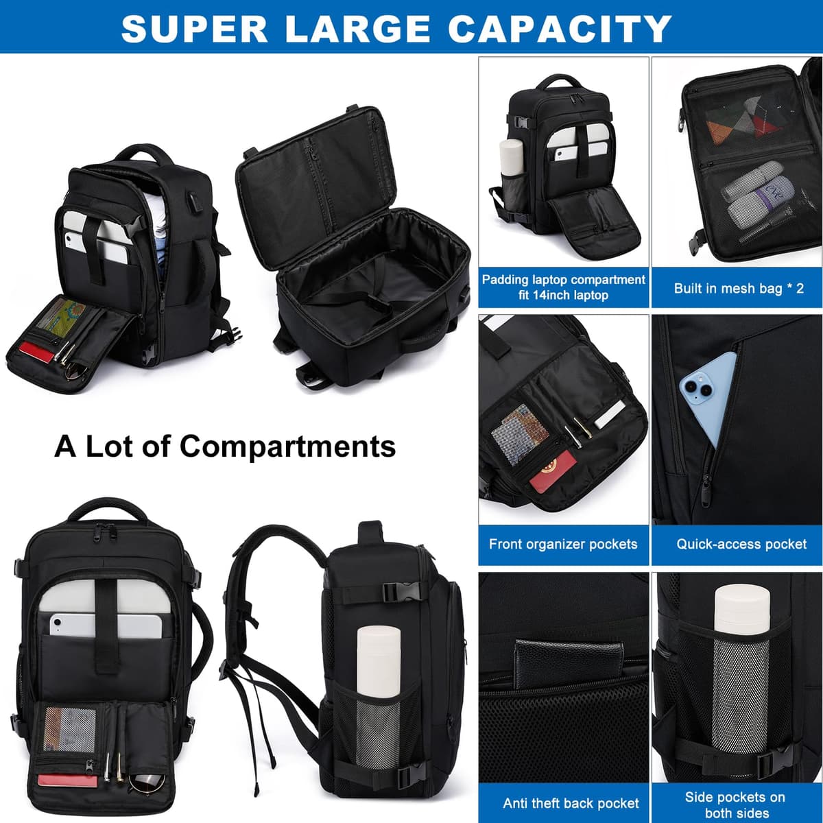 Mochila Viaje Cabina Avion 40x20x25 para Ryanair 20L Equipaje de Mano Bolsa de Viaje Hombre Mujer Maletas de Viaje Cabina Mochila Portatil 14 Pulgadas con Puerto USB para Trabajo,Escuelas Negro — view 3
