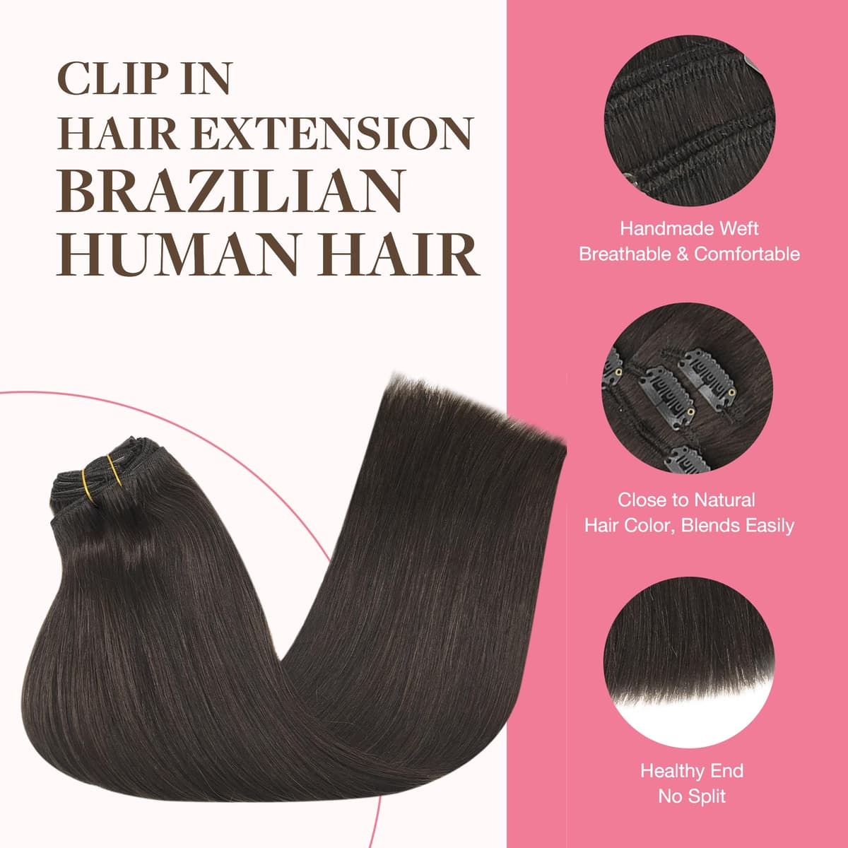 GOO GOO Clip in Hair Extensions Human Hair, 18inch 150g 9Pcs, #2 Dark Brown, Hair extensions for women, Human Hair Extensions Clip in — view 3
