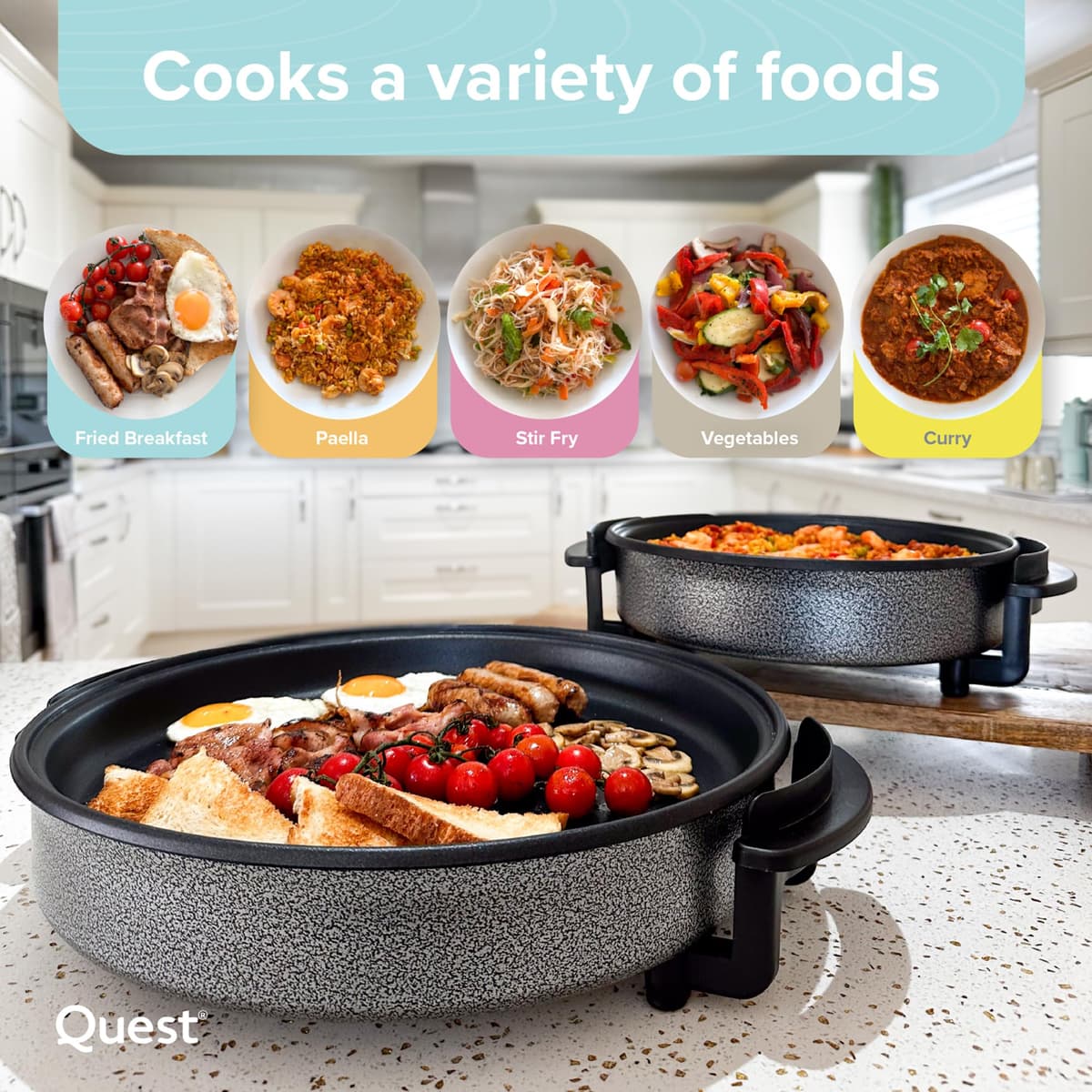 Quest 35410 30cm Multi-Function Electric Cooker Pan with Lid/Adjustable Thermostatic Control/Non-Stick Aluminium / 30 x 30cm Surface/Detachable Power Cable For Serving — view 3