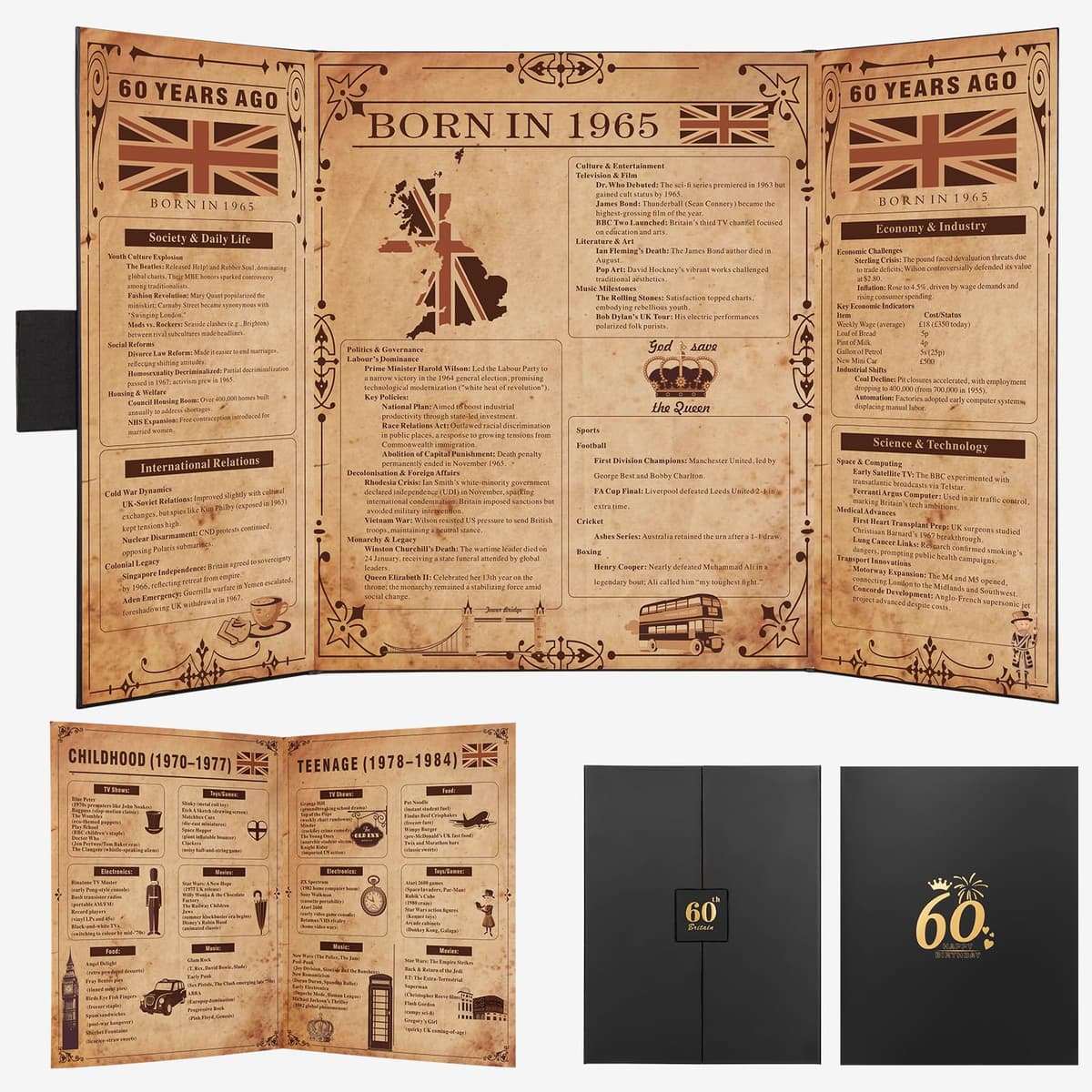 Born in 1946 UK 80th Birthday Gift Set with 3 Vintage Posters – Tri-Fold Birth Year Timeline, Dual-Fold Childhood Memories & Bonus Blank Greeting Card for Personal Messages, Retro Party Decorations — view 11