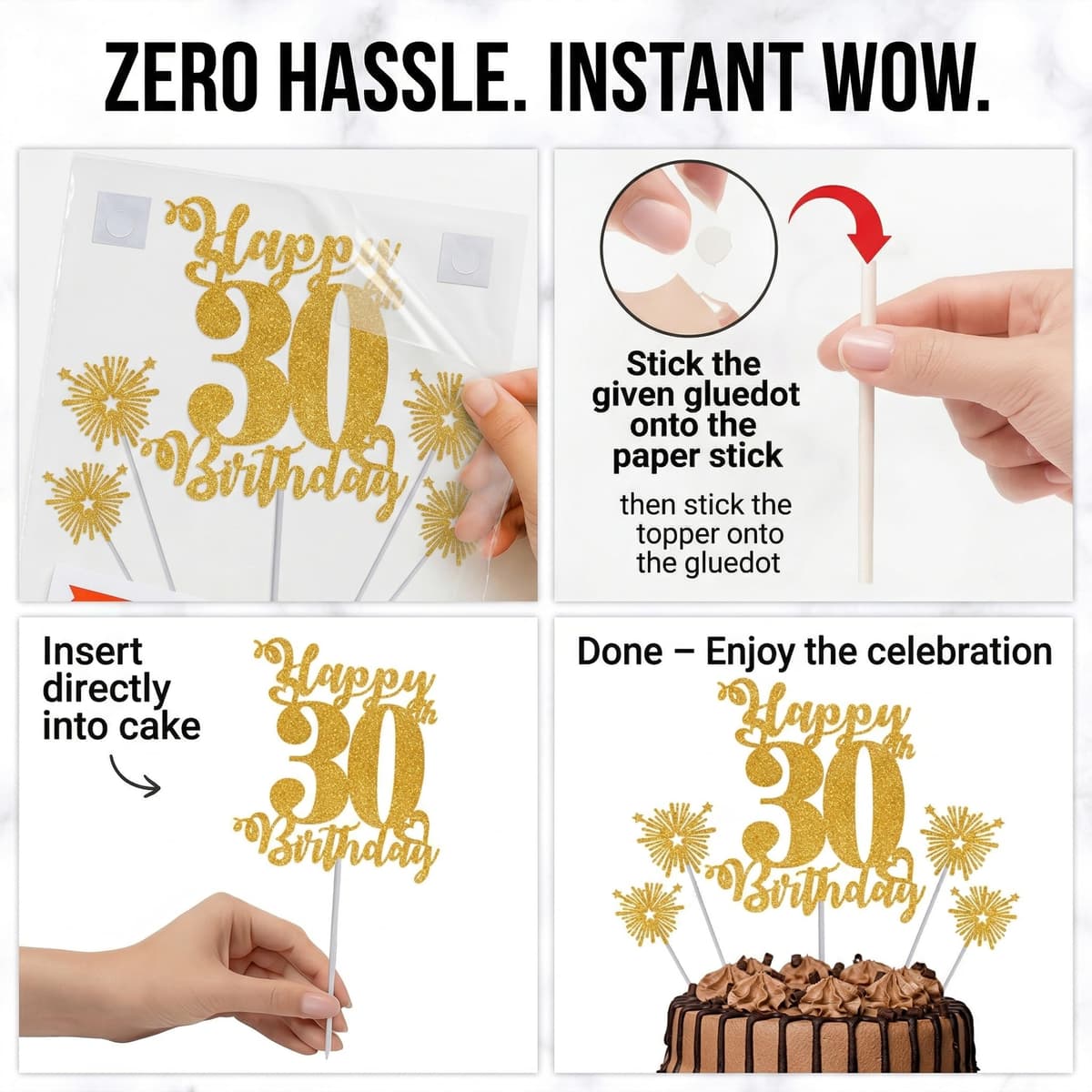 Gold Glitter 96th Birthday Cake Topper Set – 5 Piece Premium Glitter Birthday Decoration & Party Supplies for Men, Women & Kids – 96th Birthday — view 2