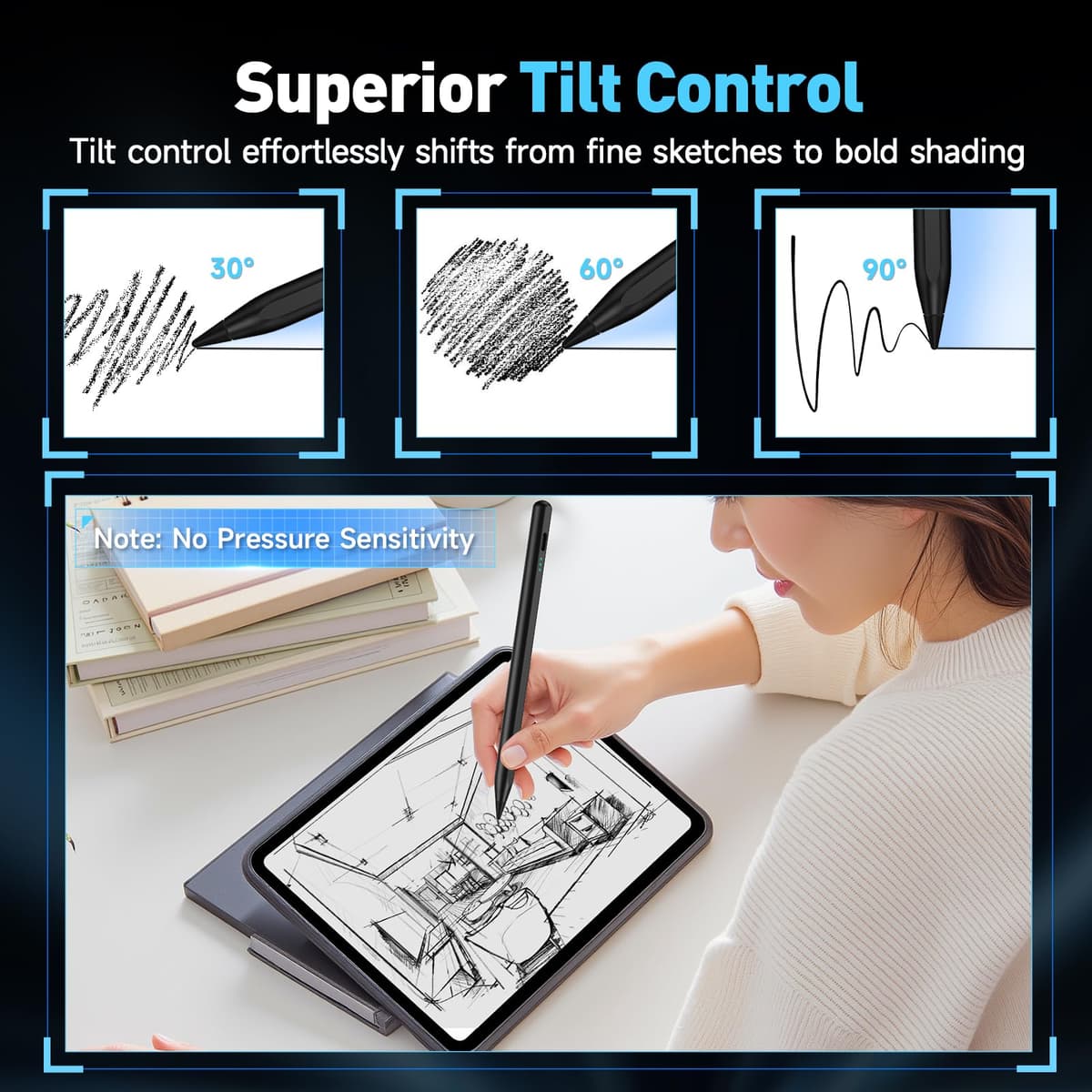 Stylus Pen for Apple iPad 2018-2025, Fast Charging Pencil with High Precision & Tilt Sensitivity & Palm Rejection, for iPad 11 A16/10/9/8/7/6th Gen, Pro 12.9/11/13 Inch M4, Air 3/4/5/M2/M3, Black — view 3