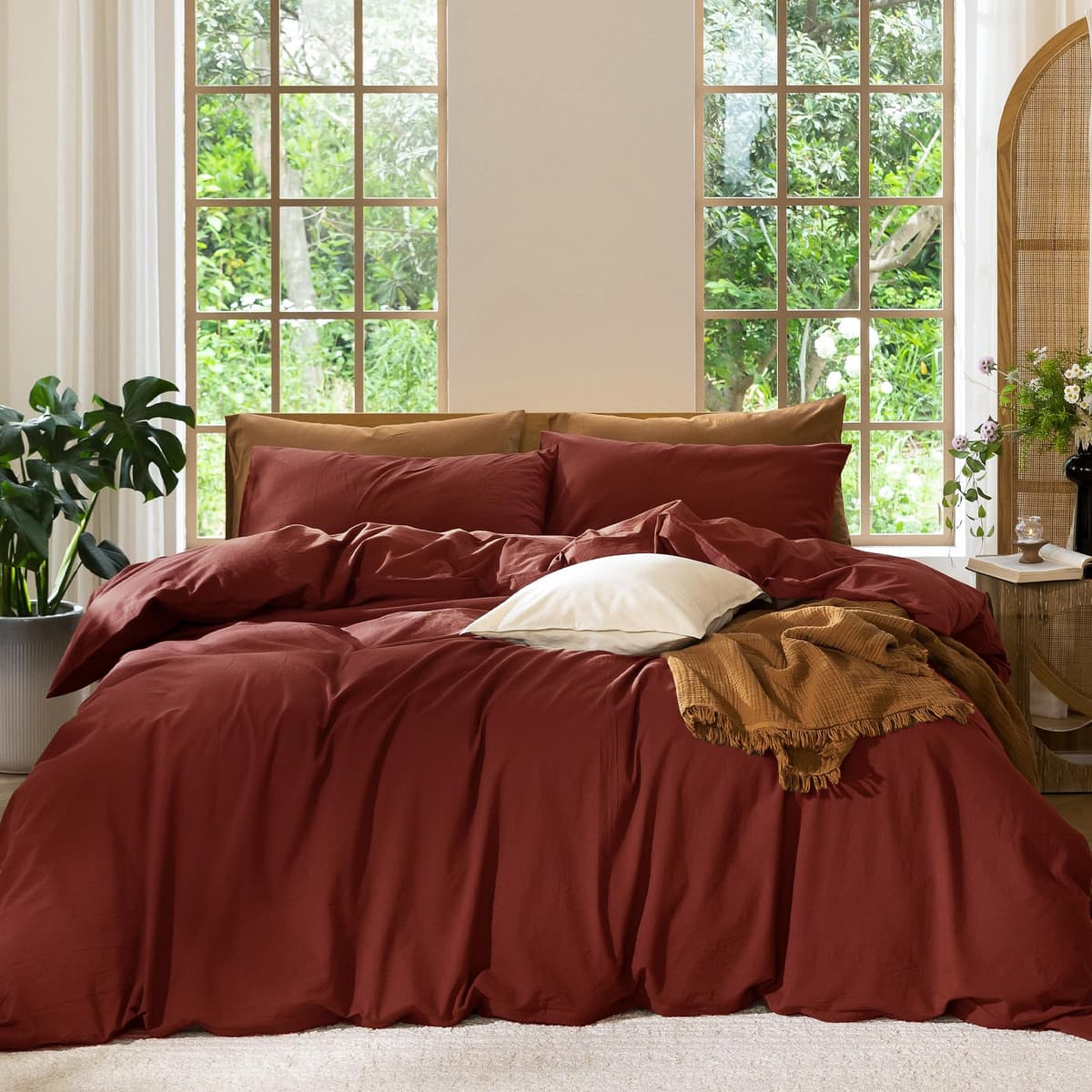 MooMee Bedding Duvet Cover Set 100% Washed Cotton Linen Like Textured Breathable Durable Soft Comfy (Tannish Linen Grey, King) — view 137