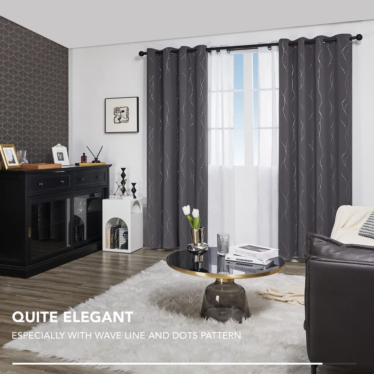 Deconovo Dot Line Decorative Super Soft Thermal Insulated Energy Saving Blackout Curtains for Living Room Dark Grey 66 x 90 Inch 2 Panels — view 4