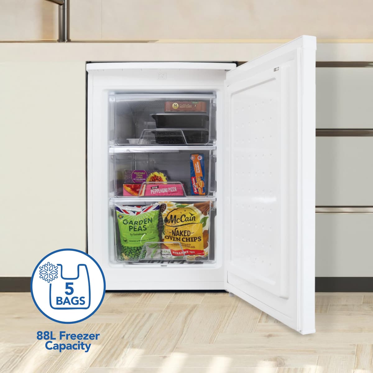 Igenix IG355W Freestanding Under Counter Freezer with 3 Large Drawers, Reversible Door, 88 Litre Freezer Capacity, 55 cm Wide, White — view 4
