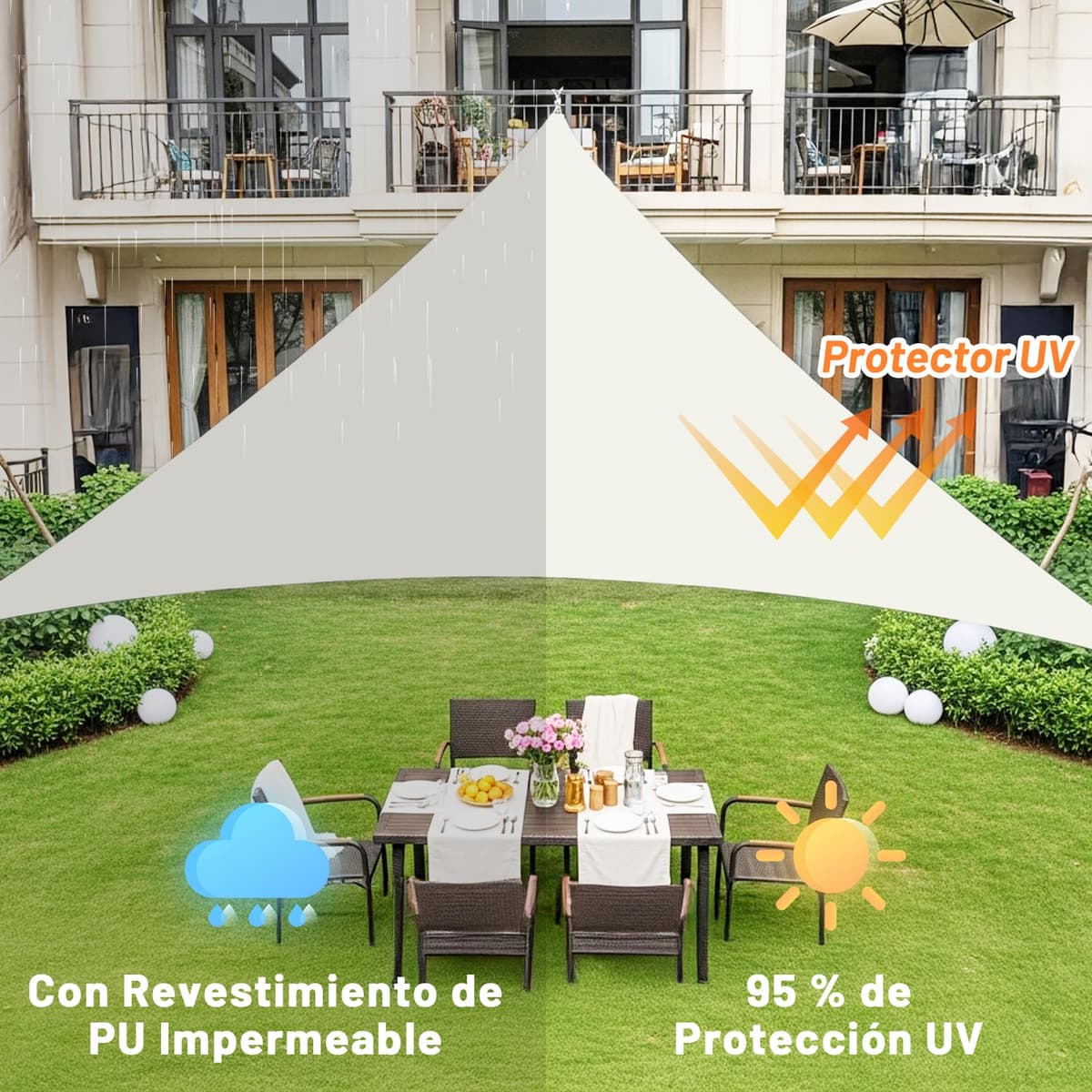 LOVE STORY Toldo Vela de Sombra Impermeable Triangular 3x3x3m Protección Rayos UV PES Toldos para Patio, Exterior Terrazas, Jardín, Balcon (Crema) — view 3