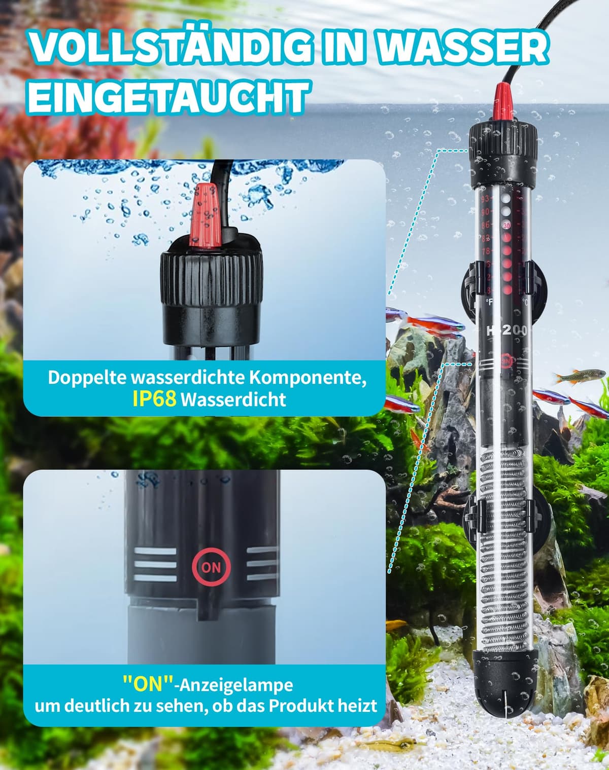 Calentador para Acuario 50W Sumergible Seguro con Termostato Ajustable - Vidrio de Cuarzo a Prueba de Explosiones, Control de Temperatura Preciso (20-34°C) para Peceras y Tanques de Tortugas 30-60 L — view 3