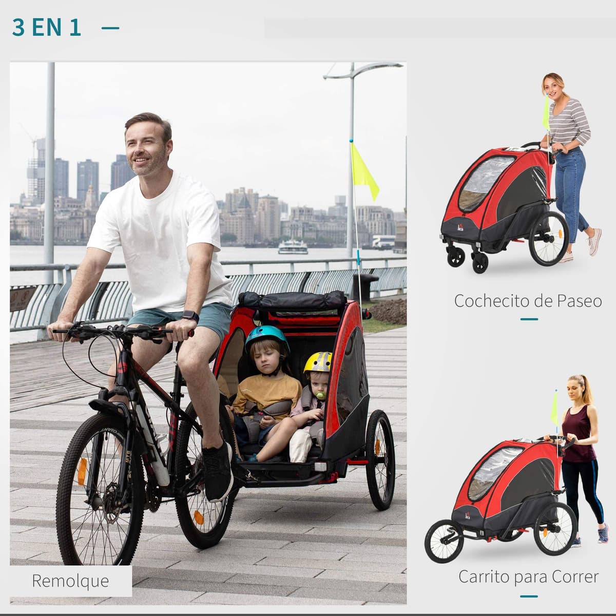 HOMCOM Remolque Infantil 3en1 para Bicicleta Carro de 2 Plazas para Niños de +6 Meses Plegable Ruedas Giratorias y Manillar Ajustable 150x85x107 cm — view 3