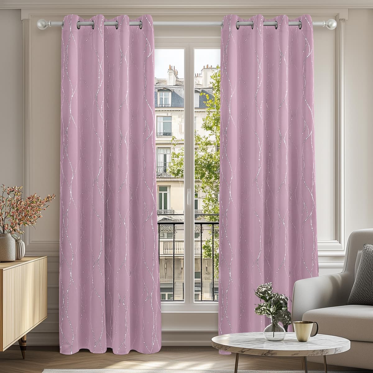 Deconovo Soft Dotted Line Foil Printed Blackout Curtains Thermal Insulated Curtains Eyelet Energy Efficiency Room Darkening Curtains for Bedroom 52 x 72 Inch Light Grey 2 Panels — view 20
