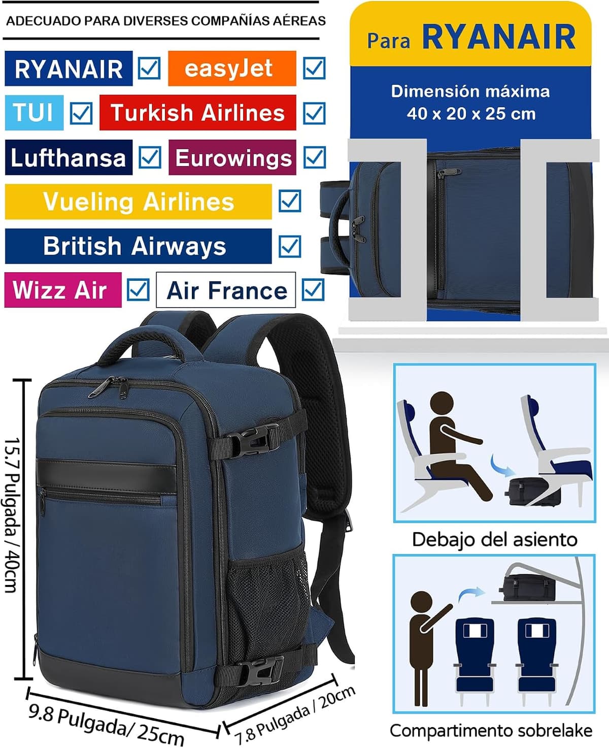 KLOSTAIN Backpack Travel Cabin Airplane for Ryanair Backpack Cabin Hand Luggage Bag Travel Work School for Men Women, dark bl