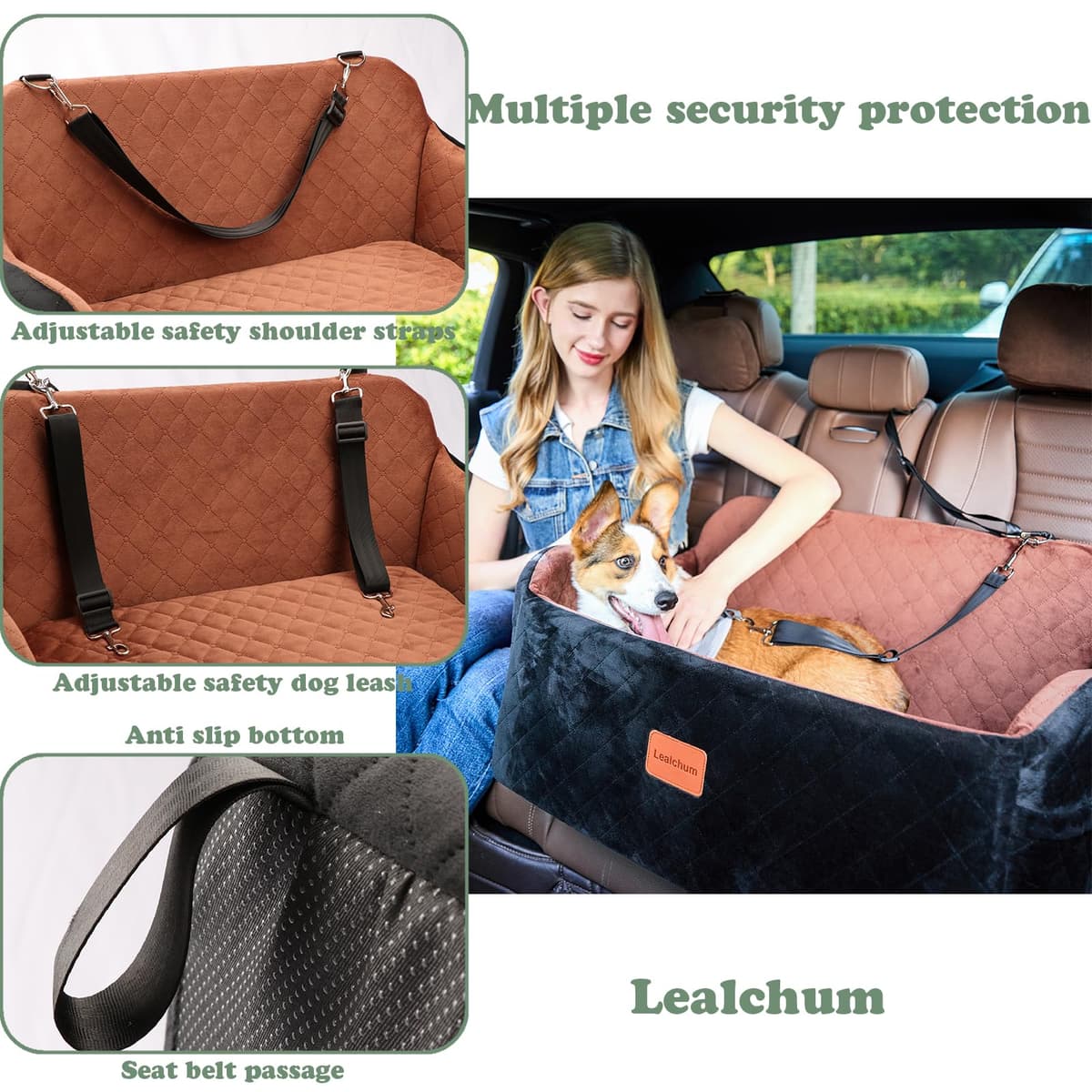 Lealchum Large Dog Car Seat,Memory Foam Cushion Car Seat for 2 Small Dogs,Comfy Vehicle Dog Bed with Side Pocket and 2 Clip-On Safety Leashes,Easy to Install Car Seat for Dogs(Black, Large) — view 4