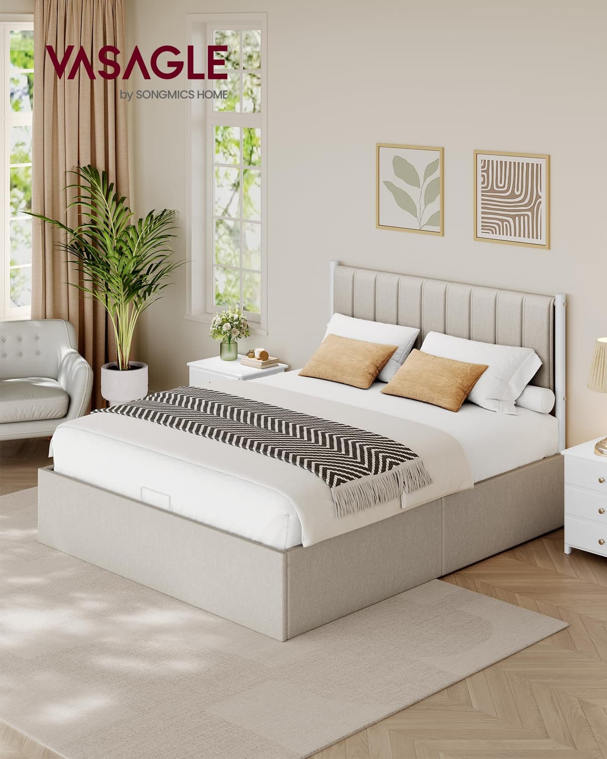VASAGLE Estructura de Cama, 160 x 200 cm, Cama Elevable, 2 Personas, con Almacenaje, Cabecero, Sistema Hidráulico, Moderno y Minimalista, Fácil Montaje, Beige Capuchino RMB615LH01 — view 3