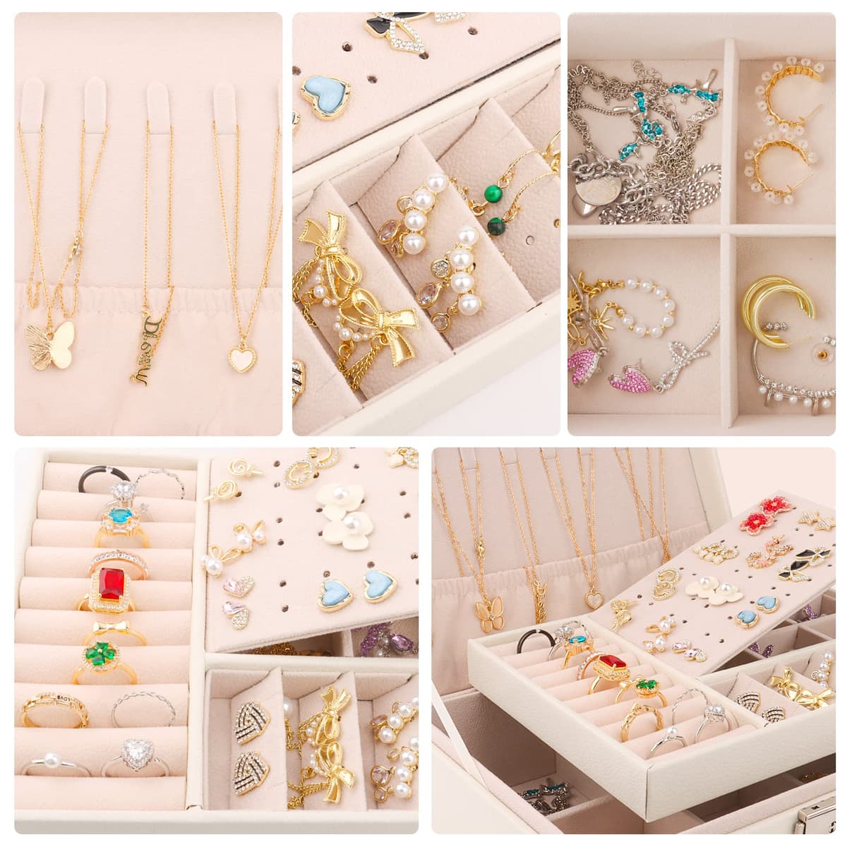 talifoca Joyeros Mujer, 2 capas Caja Joyero organizador de Joyas de Cuero PU, Organizador Joyas para Pendientes, Anillos, Aretes, Pulseras y Collares — view 2