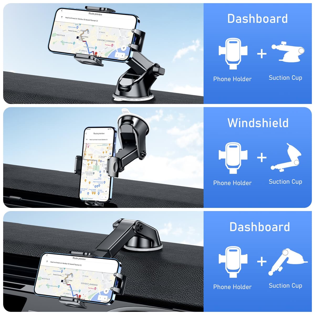 Blukar Car Phone Holder, Adjustable Car Phone Mount Cradle 360° Rotation - Upgraded Strong Sticky Gel Pad for Dashboard/Windscreen - One Button Release Mobile Accessories for All 4.0''-6.7'' Phones — view 2