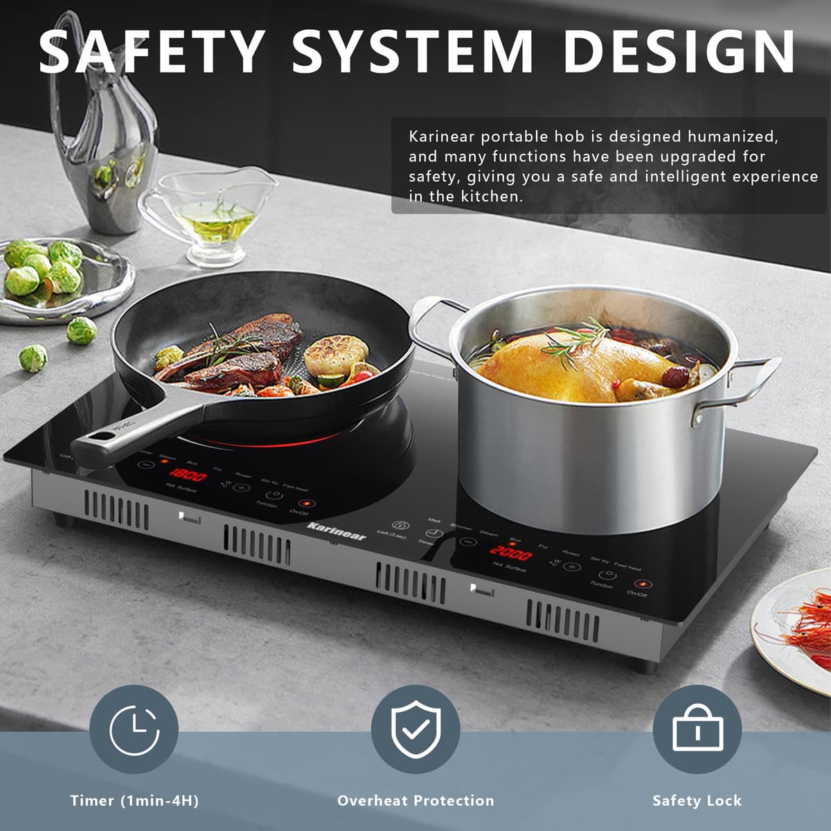 Karinear Double Ceramic Hob, Desktop Plug in 2 Zone Electric Ceramic Hob with LED Display, 4-Hour Timer, 9 Power up to 2800W, Safety Lock — view 5