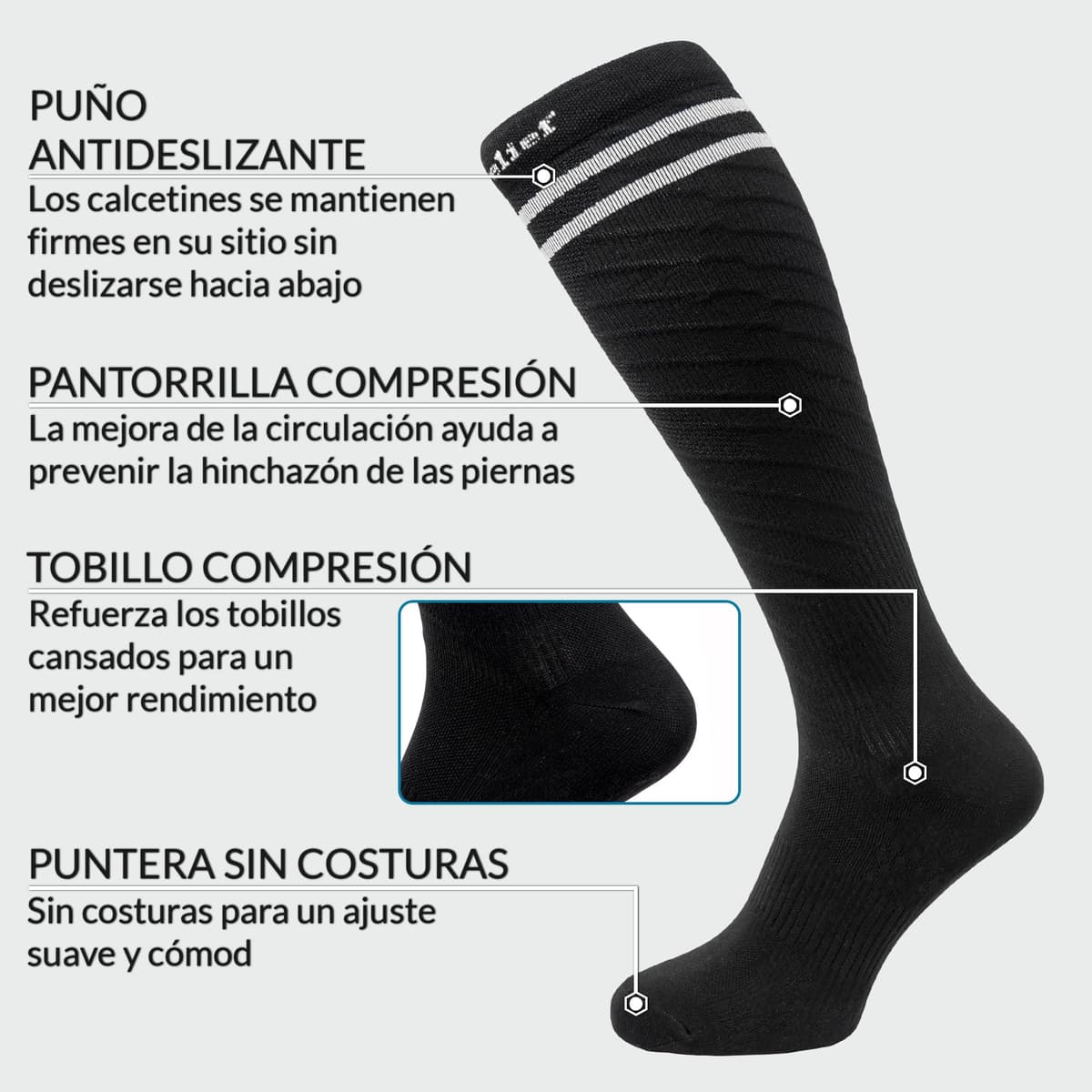 360 Relief Medias de Compresión Mujer y Hombre - 1 Par Calcetines de Compresión para Deportes, Correr, Volar, Viaje, Trabajo, Footing - S/M Beis con Bolsa de Malla — view 36