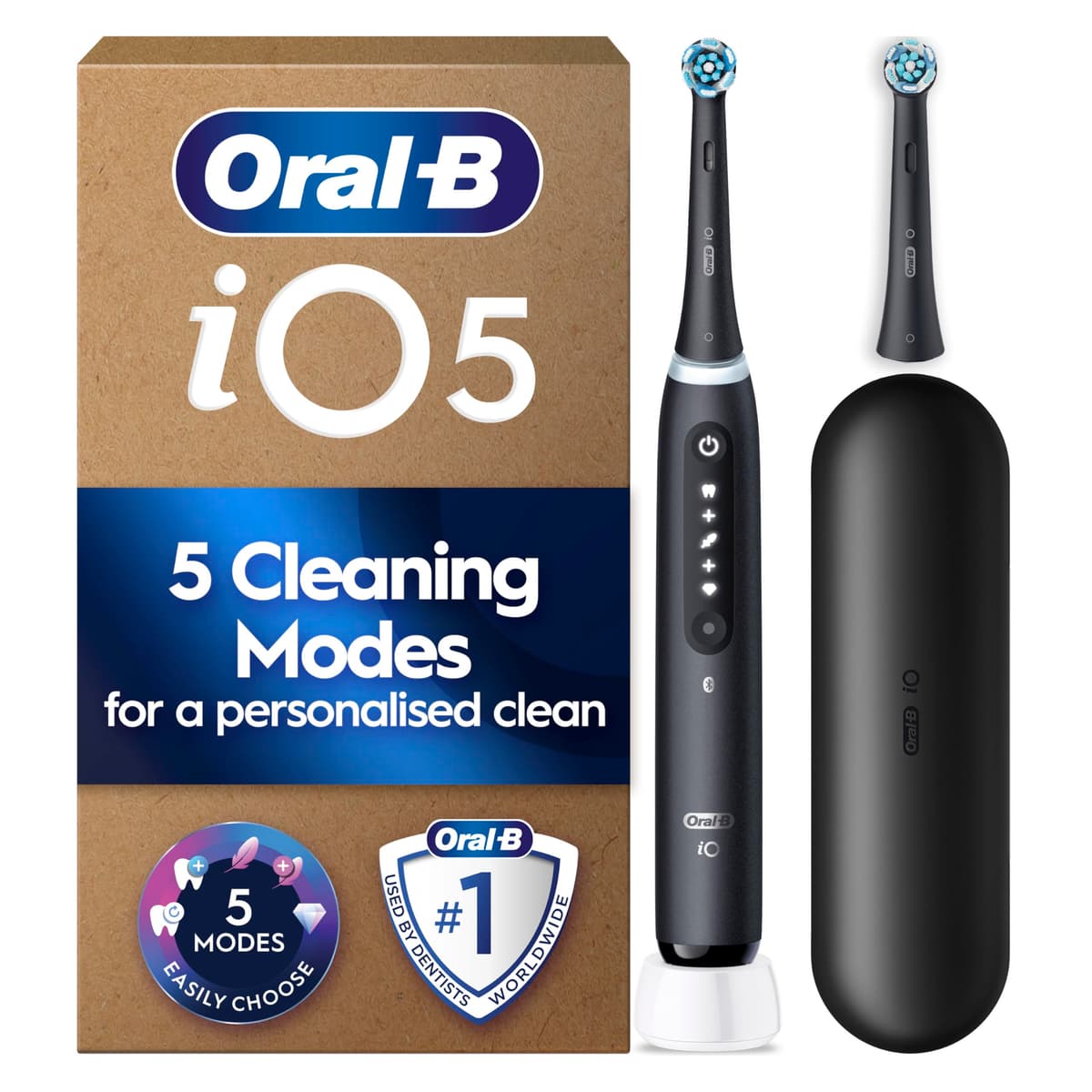 Oral-B iO5 Electric Toothbrush, 1 Handle, Black - 2 Brush Heads, Travel Case, Toothbrush for Adults, 5 Modes, Teeth Whitening, UK Two Pin Plug