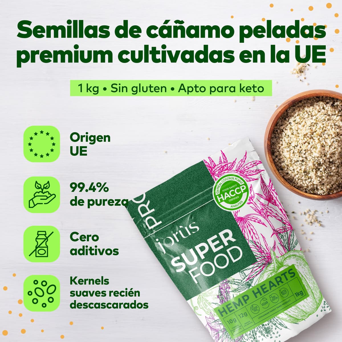 Jorus Semillas de Cáñamo Naturales Descascaradas y Crudas 1kg – Fuente Rica en Omega 3 y 6, Proteína y Fibra, Perfectas para una Dieta Saludable, Origen Europeo, Sin Aditivos - Hemp Seeds — view 2