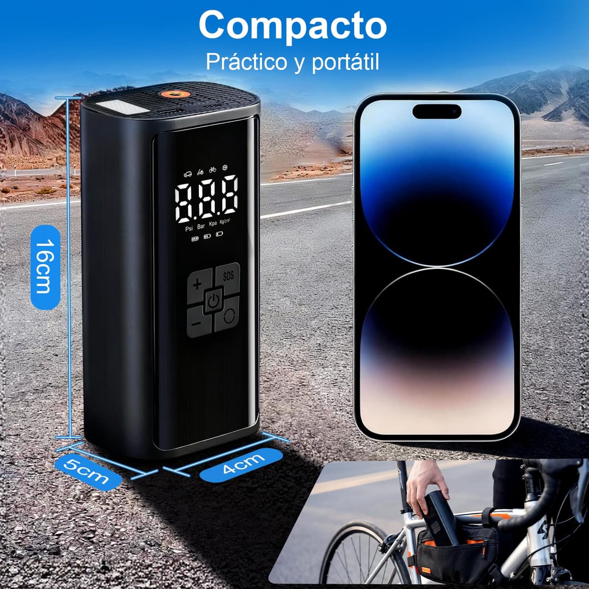 Compresor Aire Portátil, Inflador Ruedas Coche, 150PSI 12V 6000mAh Mini Compresor de Aire con Luz LED, Hinchador Ruedas Coche para Bicicleta, Coche, Moto, Vcooter, Balones — view 5