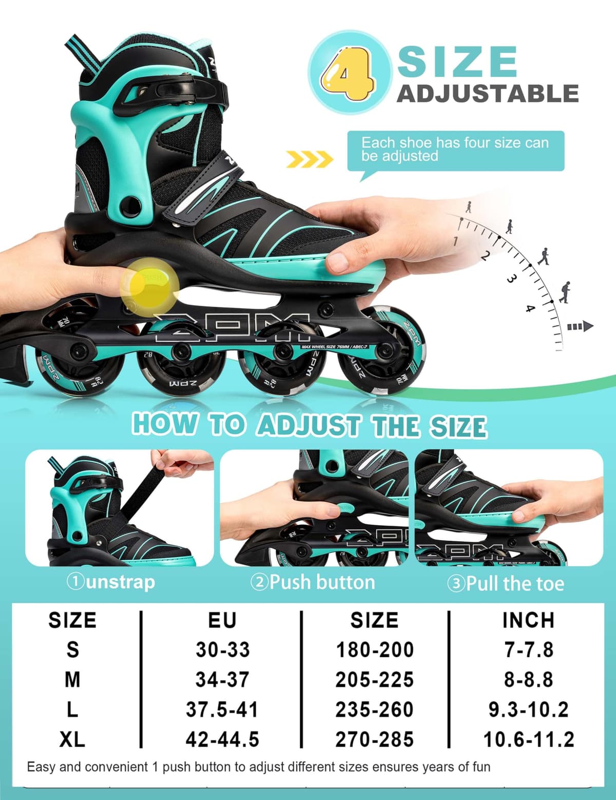 2PM SPORTS Regulable Patines en línea para Hijo para niños y niñas con Ruedas de PU 82A — view 5