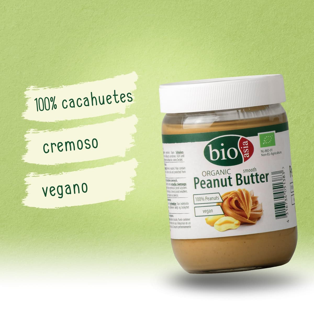 BIOASIA Crema de cacahuete ecológica – Peanut Butter – hecha con 100 % cacahuetes tostados, cremosa, sin aditivos, en tarro de cristal, vegana y sin gluten, 500 g — view 2