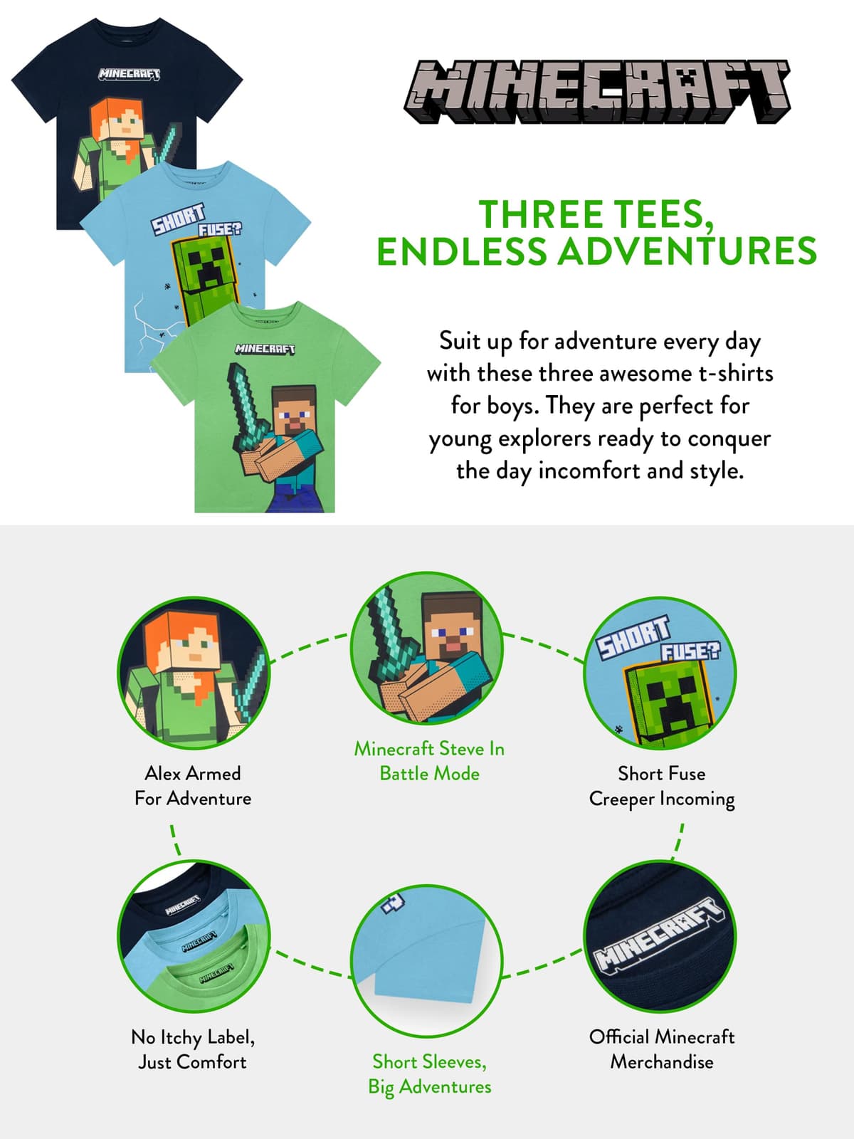 Minecraft Camisetas para Niño, Pack De 3 Camisetas Gaming para Niños, Lote De Camiseta Infantiles — view 6