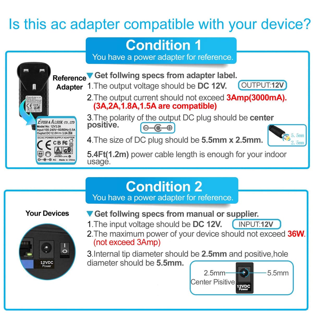 EFISH 12V 3A 36W Power Supply,AC to DC Adapter with 7 Selectable Adapter Conversion Heads fit for Led Strips,CCTV Camera,Cisco Router,Router,Alarm bell,Case Fan,CE Approved — view 4