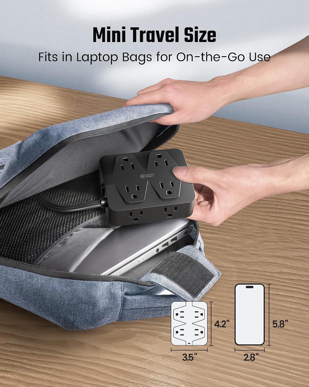 35W Fast Charging Power Strip, SUPERDANNY 6ft Flat Plug Extension Cord (13A/1625W) with 8 Wide Outlets & 4 USB Ports, Wall Mountable, 1050J Surge Protector Charging Station for Home Office Dorm Black 6.0FT — view 5