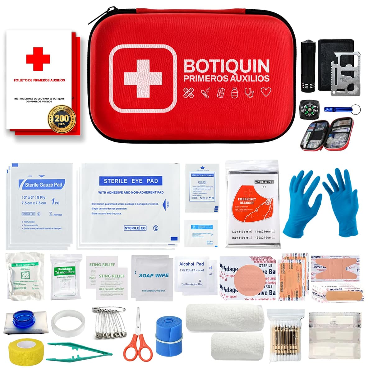 SUPER Botiquin De Primeros Auxilios PREMIUM 200 Piezas I kit De Supervivencia para Coche, Viaje, Hogar o Montaña I First Aid Kit I Ideal Para Emergencias y Senderismo.