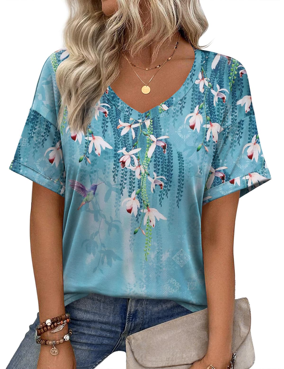 Zeagoo Camiseta básica de manga corta con cuello en V para mujer, para verano, informal, holgada, floral, blusa — view 10
