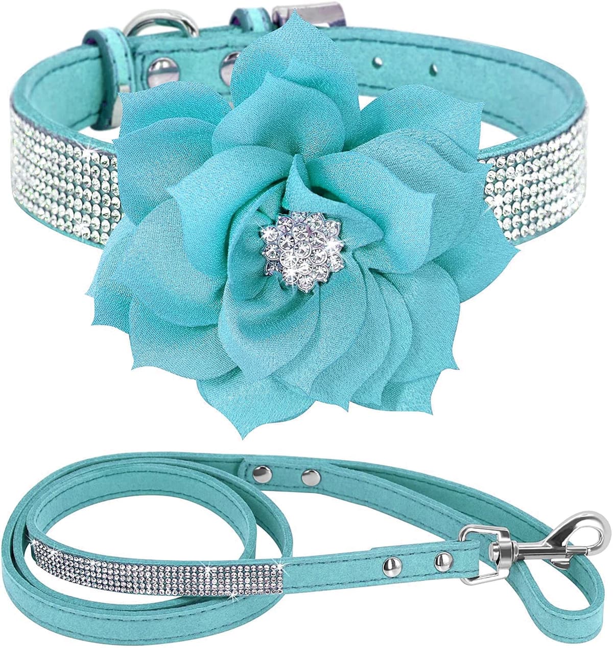 Cute Dazzling Sparkling Elegant Fancy Soft Suede Leather Bling Rhinestone Crystal Jeweled Pet Cat Dog Puppy Collar Dog Leash Combo Set (S, Black-2) — view 37