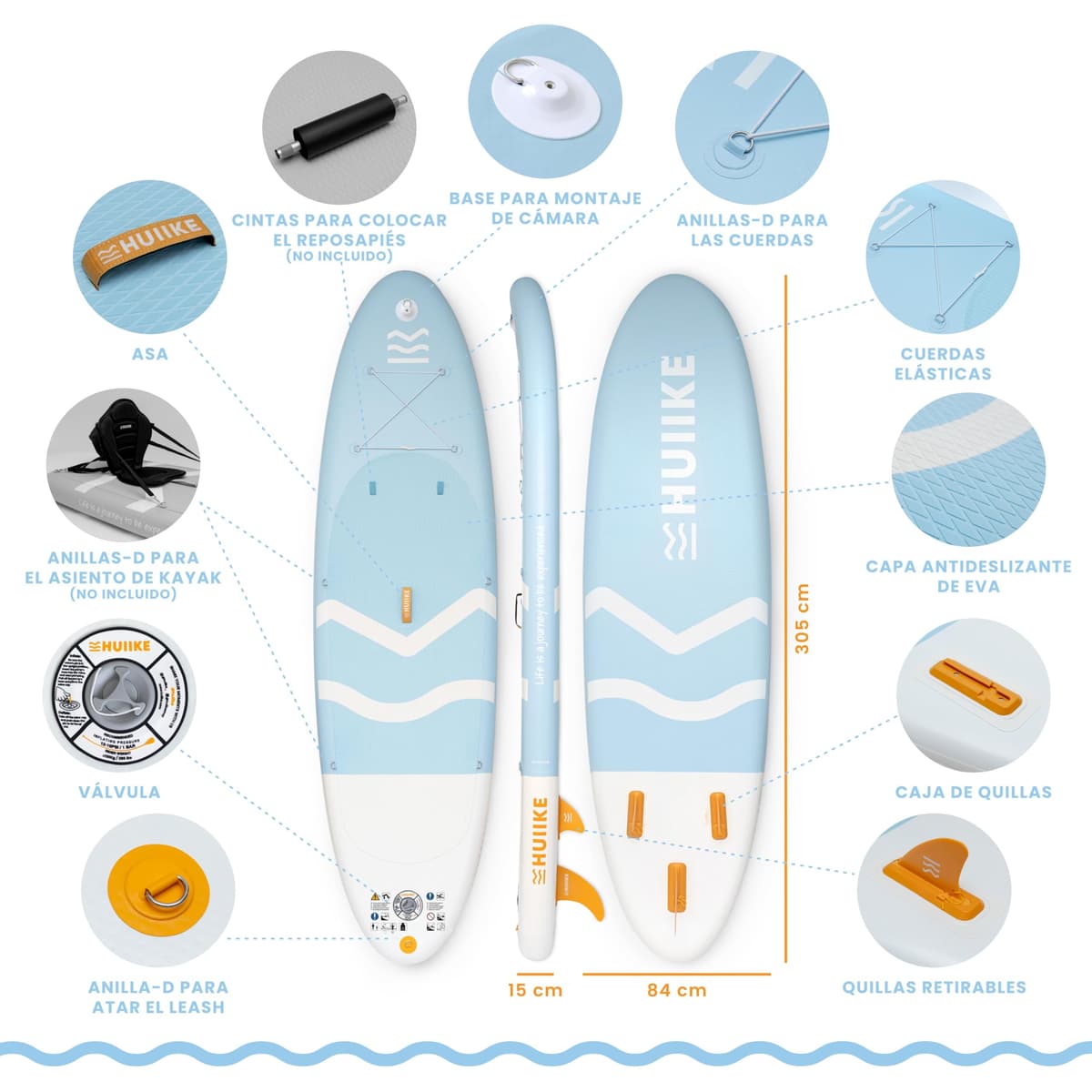 HUIIKE Tabla Paddle Surf Hinchable con Accesorios Incluidos, Remo, Quillas, Inflador. Stand Up Paddle Board Gran Estabilidad y Resistencia. 305 x 84 x 15 cm, Soporta hasta 130 kg — view 2